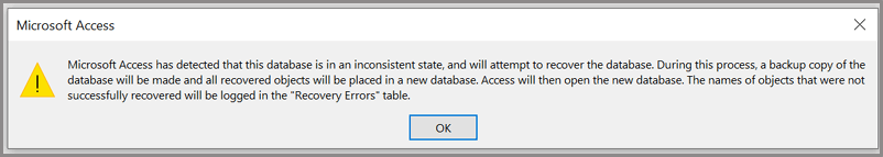 Access hat festgestellt, dass sich diese Datenbank in einem inkonsistenten